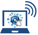 An icon of a laptop with the Power Learning Solutions logo and broadcasting waves