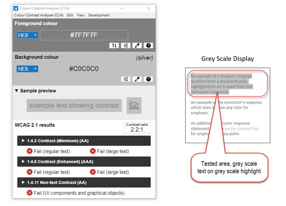 The highlighted text is barely readable in grey scale, and does not pass Digital Accessibility standards.