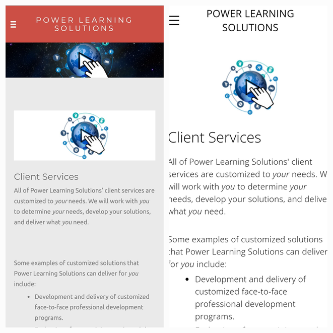 Screenshots of the old a new Power Learning Solutions site design (mobile view)